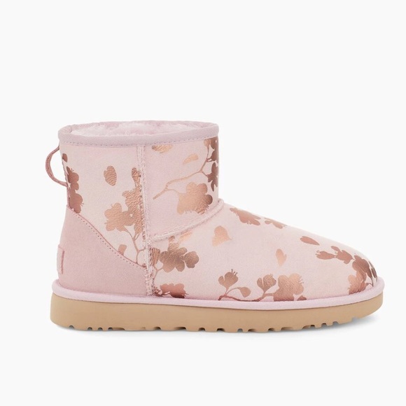 UGG Women’s Classic Mini Floral Foil Seashell Pink Boots - Picture 10 of 10